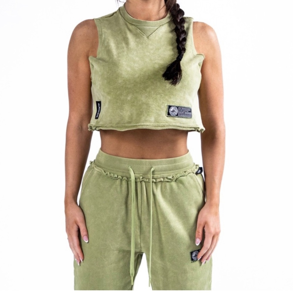 ALPHALETE Very Terry Crop Top Cutoff WORK OUT GYM ATHLEISURE JADE GREEN NWT